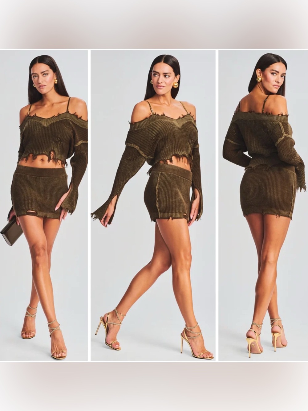 Retrofete Seroya Distressed Green Skye Sweater Crop XS + Alora Skirt M Set NWT
